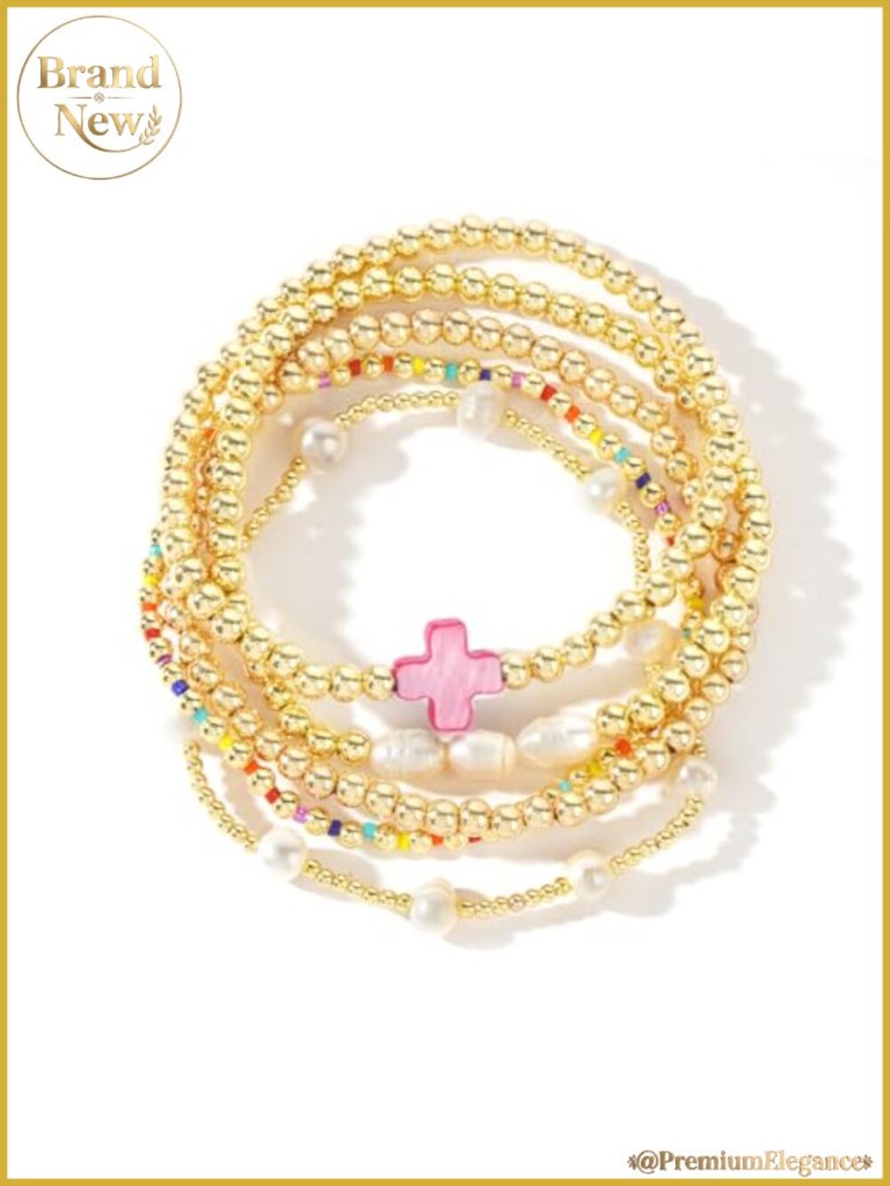 14K Gold Plated Stretch Bracelets Stack Set Boho Beaded Cross Jewelry